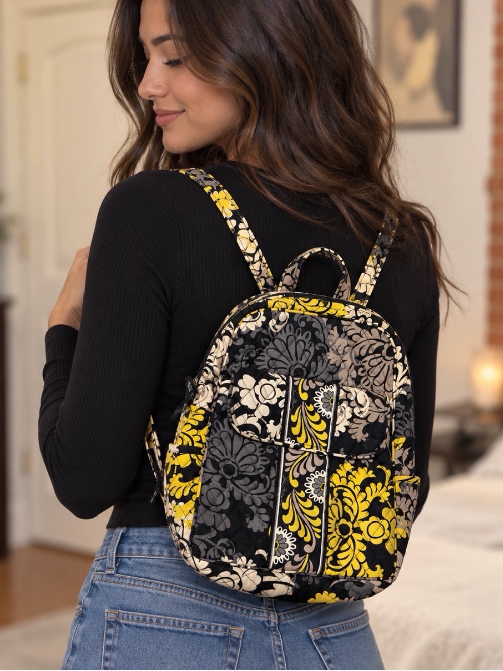 Vera Bradley Quilted Floral Backpack - Yellow, Black & Gray